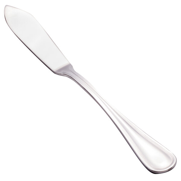 A silver Walco butter spreader with a white handle.