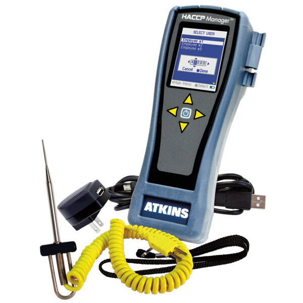 A Cooper-Atkins HACCP Manager Solo Thermocouple Thermometer with yellow cable and pen.