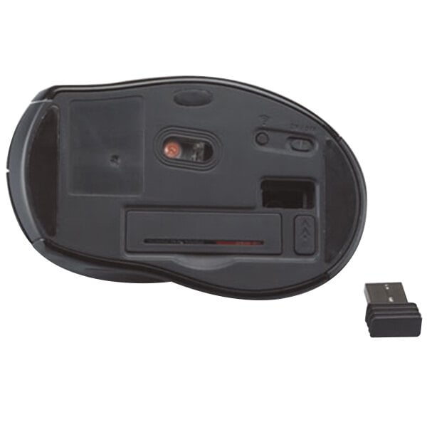 An Innovera black optical wireless mouse with a small black USB port.
