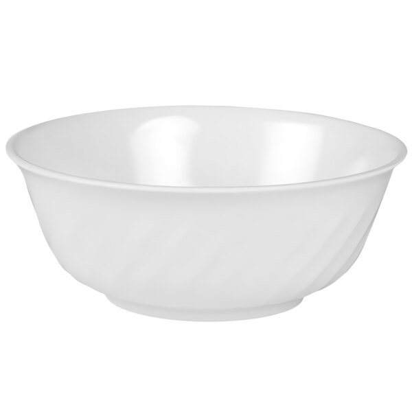 A white Thunder Group melamine bowl with a curved edge and wavy design.