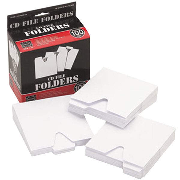 A stack of three white Vaultz CD file folders.