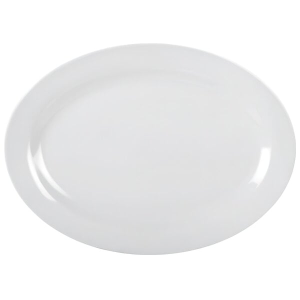A white Thunder Group oval melamine platter with a white rim.