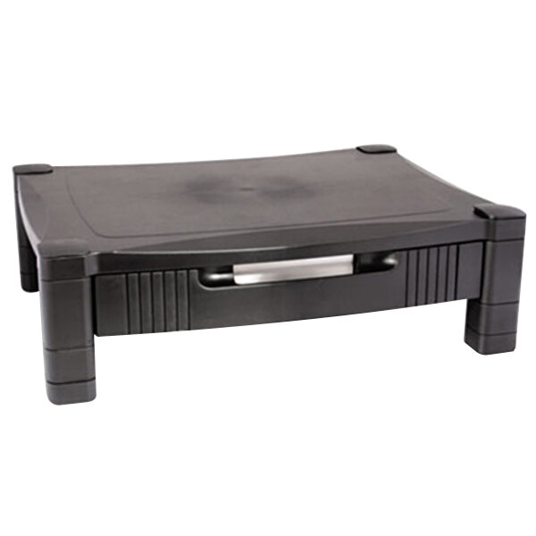 A black monitor stand with a single storage drawer.