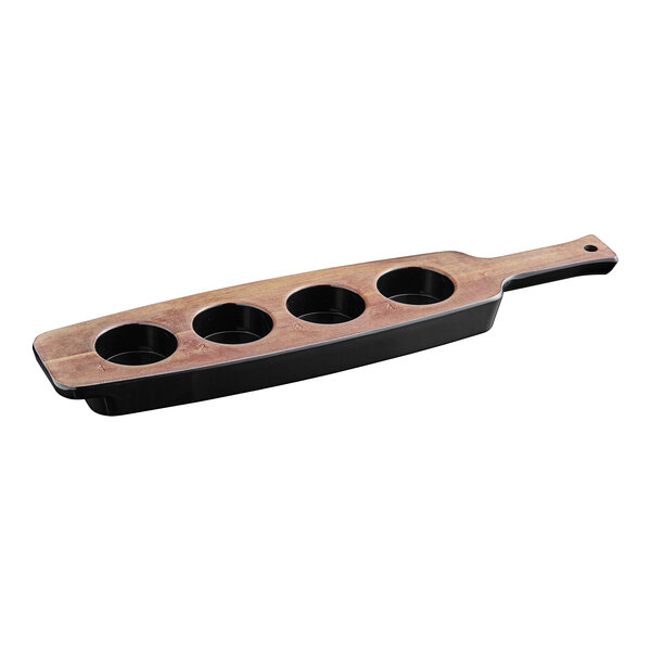 A cherry wood and black melamine tray with six holes.