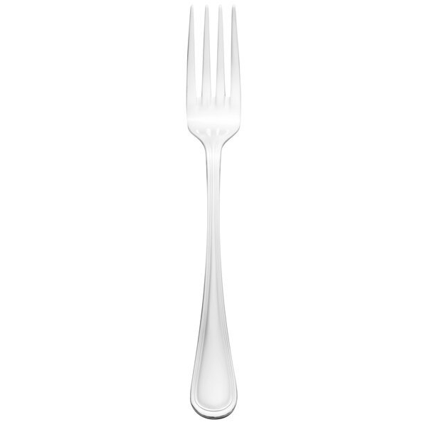 A close-up of a Walco Marcie stainless steel table fork with a white handle.