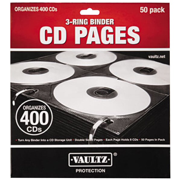 A pack of 50 white Vaultz CD ring binder pages.