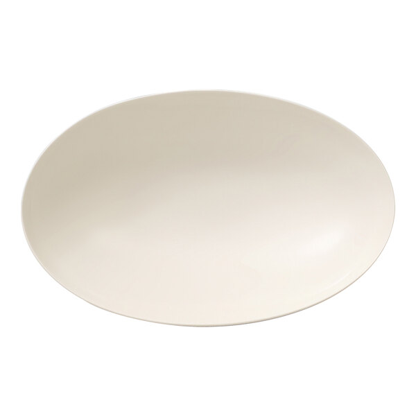 A white oval bowl with a white background.