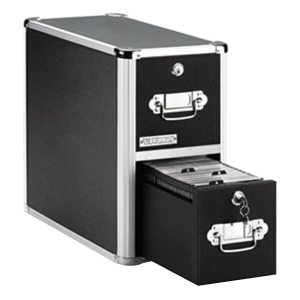 A black and silver Vaultz 2 drawer CD file cabinet.