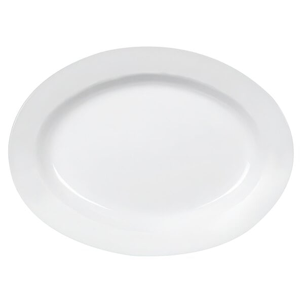 A white oval Thunder Group melamine platter with a white rim.