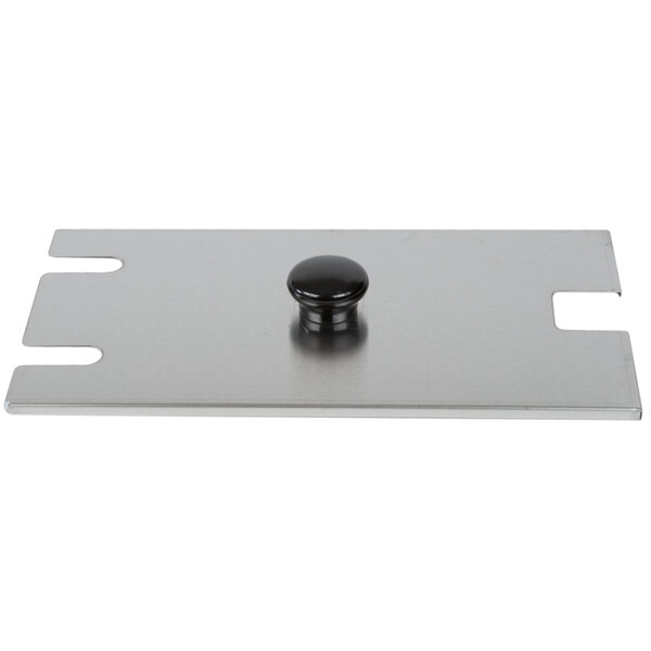 A silver metal plate with a black round knob.