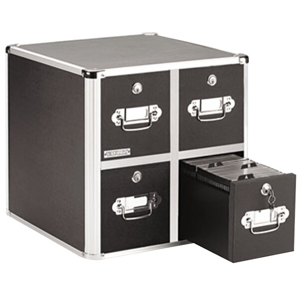 A black and silver Vaultz 4 drawer CD file cabinet.