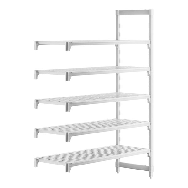 A white plastic Cambro Camshelving® Premium add on unit with four shelves.