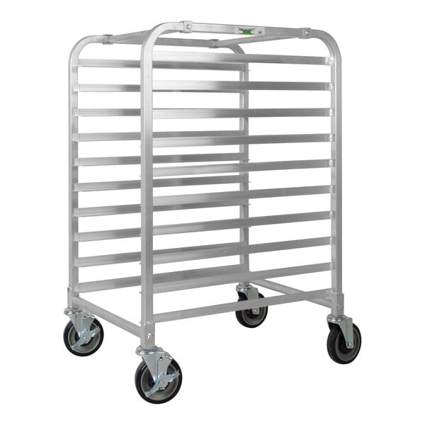 A metal half-height bun and sheet pan rack with ten slots and four caster wheels.