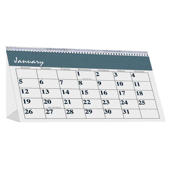 A House of Doolittle desk tent calendar with white pages and blue numbers.