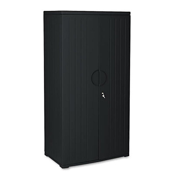 A black rectangular Iceberg OfficeWorks storage cabinet with a key.