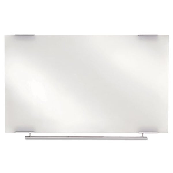 An Iceberg white glass dry-erase board on silver metal legs.