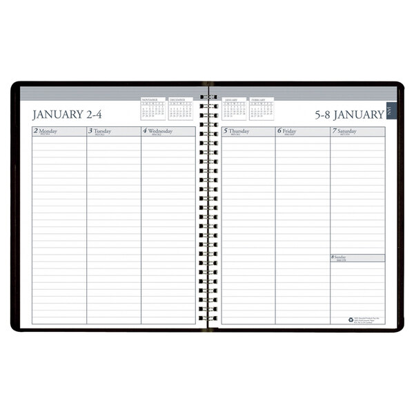 A black House of Doolittle weekly appointment book with spiral binding and black and white pages.