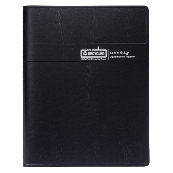 A black leather House of Doolittle weekly appointment book with white text on the cover.