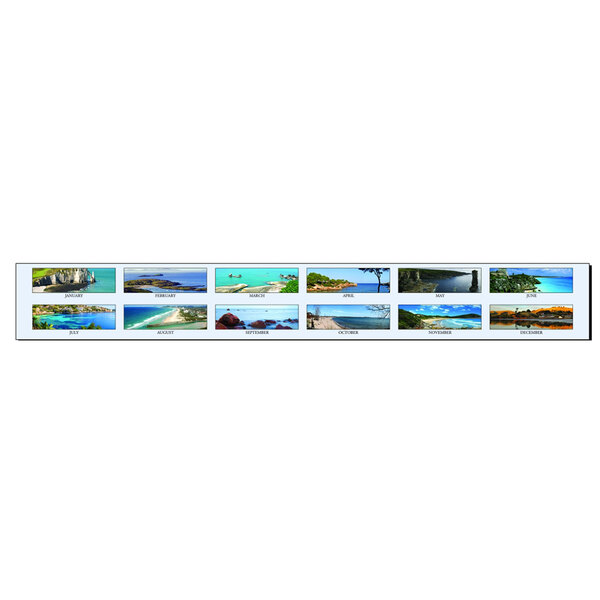 A House of Doolittle Coastlines desk pad calendar with a beach scene and photo thumbnails.