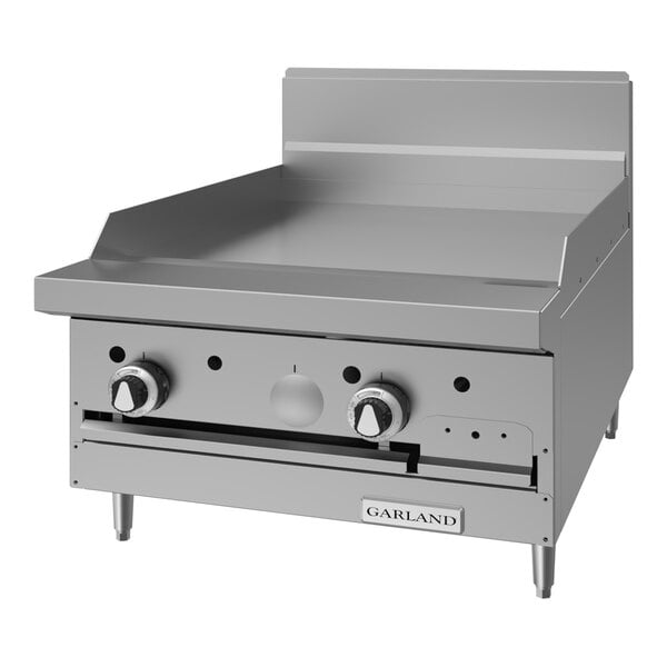A commercial stainless steel natural gas griddle range with control knobs and a backsplash, designed for kitchen use.