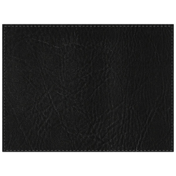 A black faux leather rectangle placemat with white stitching.