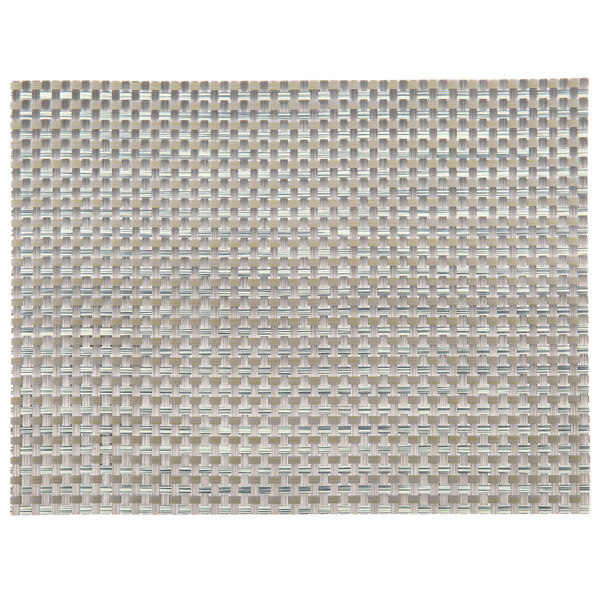 A taupe and light green woven vinyl placemat with a grid pattern.