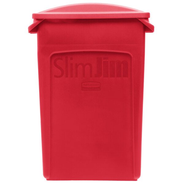 A red plastic Rubbermaid Slim Jim rectangular trash can with a 2 hole lid.