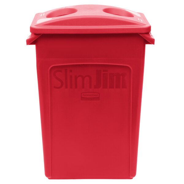 A red Rubbermaid Slim Jim rectangular trash can with a 2 hole lid.