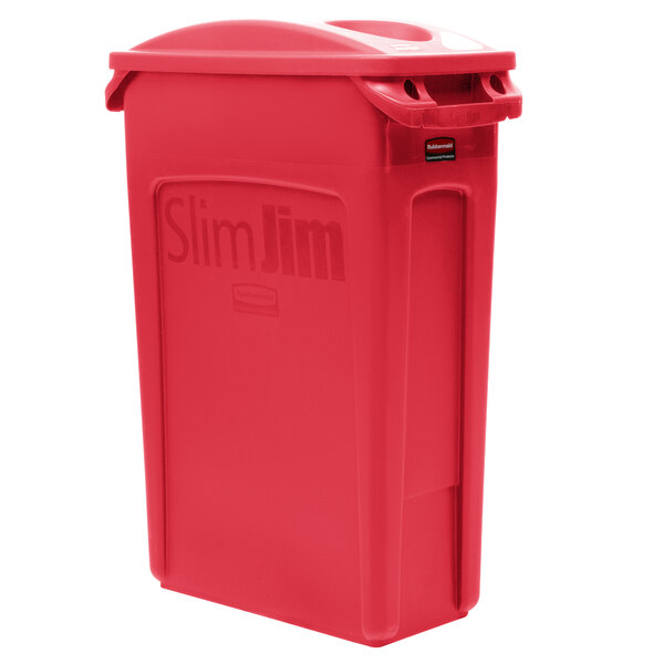 A red Rubbermaid Slim Jim rectangular trash can.