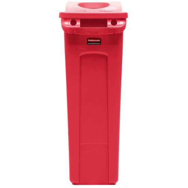 A red Rubbermaid rectangular trash can with a white background.