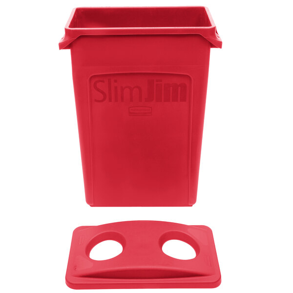 A red plastic Rubbermaid Slim Jim trash can with a 2 hole lid.
