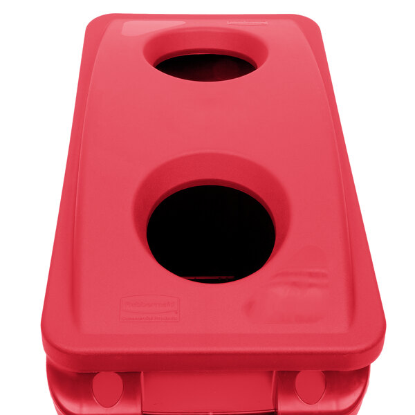 A red Rubbermaid Slim Jim rectangular trash can with 2 holes in the lid.