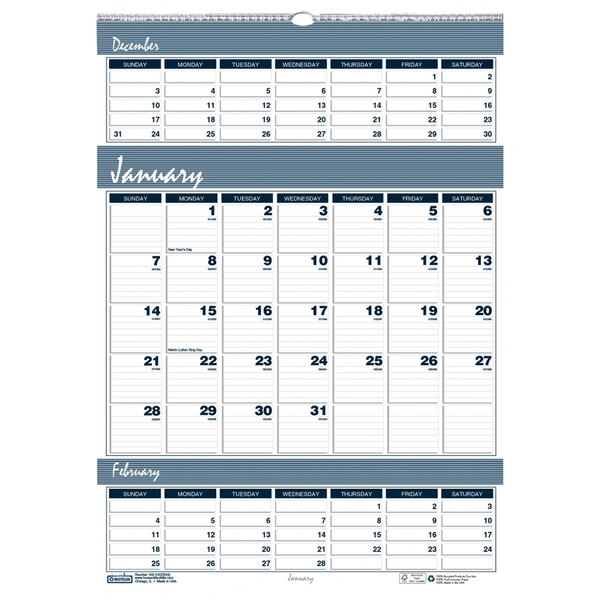 A House of Doolittle wall calendar with months, numbers, and a blue stripe.