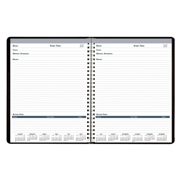 A spiral bound House of Doolittle Meeting Note Planner with a black and blue cover and a calendar on the page.