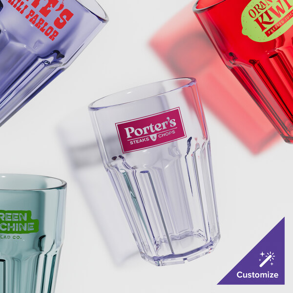 A close-up of a blue GET Bahama plastic tumbler.