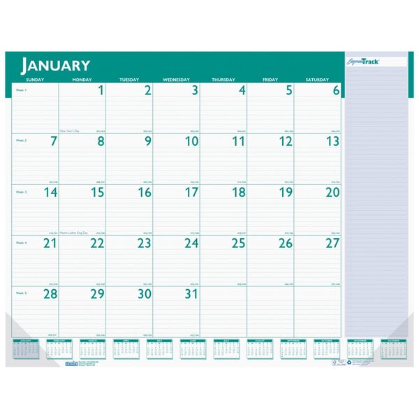 A white House of Doolittle desk pad calendar with green and white numbers and a green border.