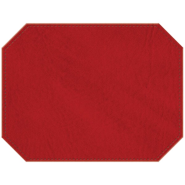 A red octagon faux leather placemat with stitching.