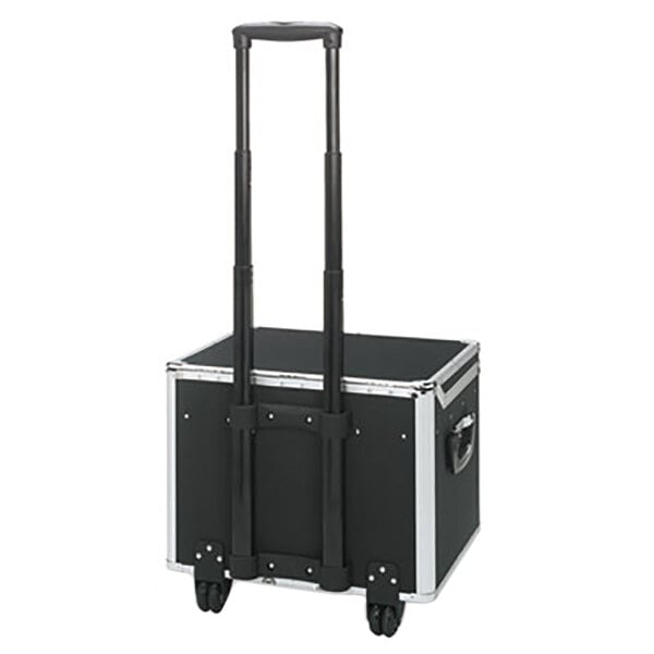 A black and silver case with wheels and handles.