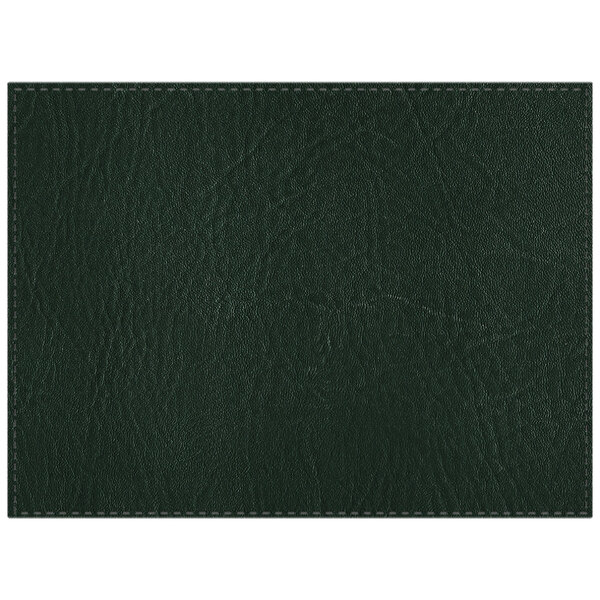 A close-up of a green faux leather rectangle placemat with black stitching.