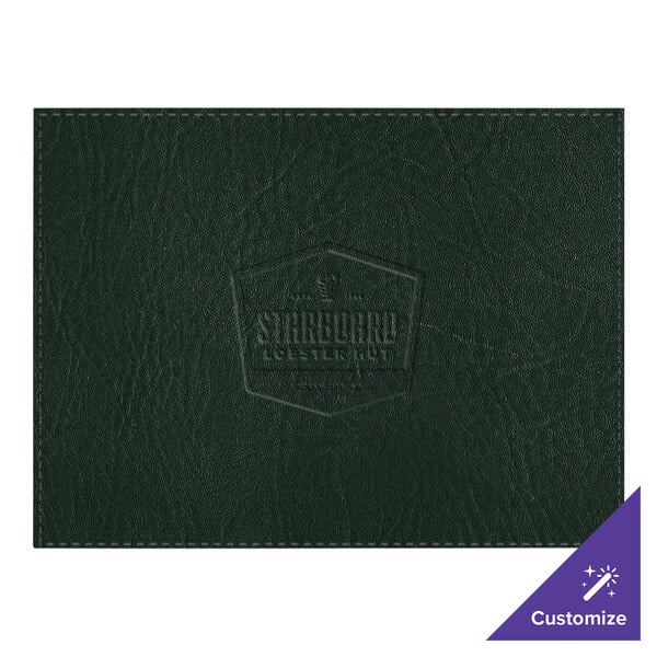 A close up of a green leather rectangle placemat with a logo.
