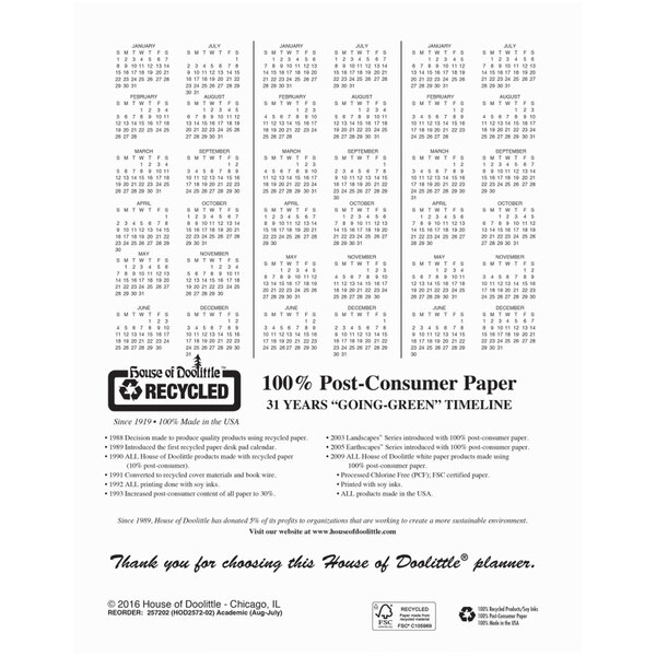 A House of Doolittle academic weekly appointment book with months, dates, and numbers on the cover.
