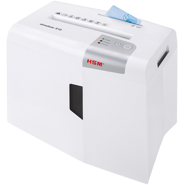 A white HSM ShredStar S10 strip-cut shredder shredding paper.