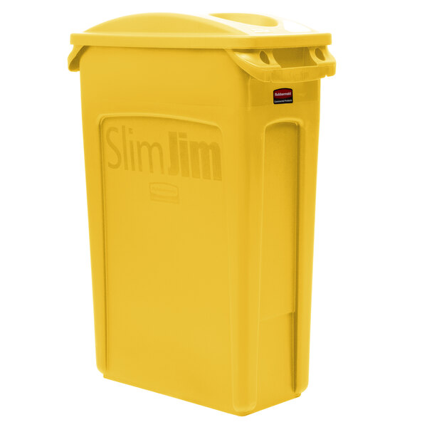A yellow Rubbermaid Slim Jim rectangular trash can with a lid with 2 holes.