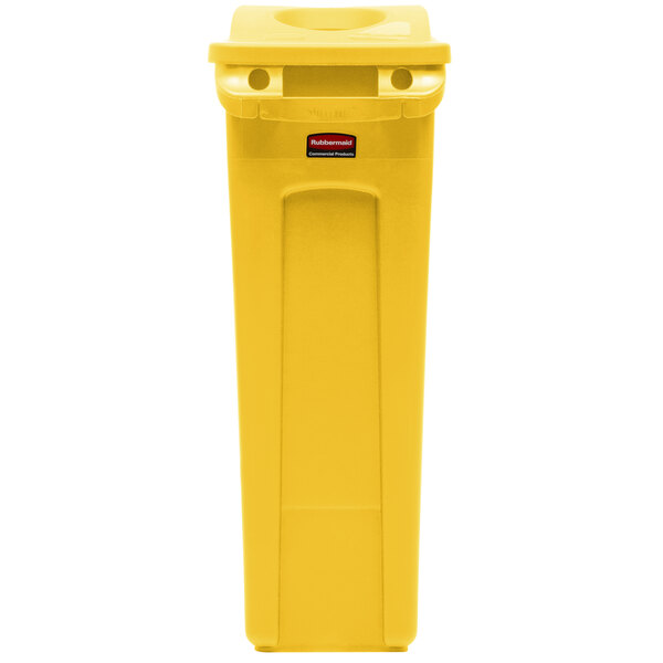 A yellow Rubbermaid Slim Jim rectangular trash can with a lid.