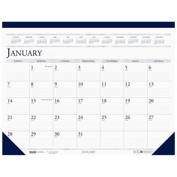 A House of Doolittle desk pad calendar with the word "January" in blue on a white background with blue and gray borders.