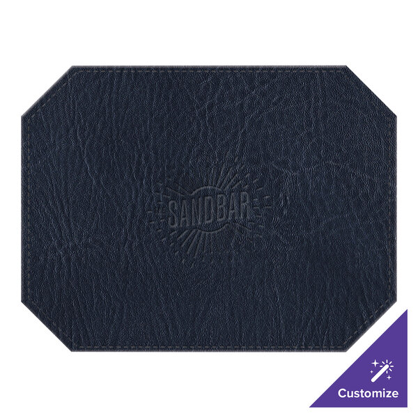 A navy faux leather octagon placemat with a logo on it.