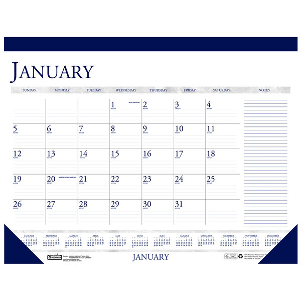 A House of Doolittle desk pad calendar with blue and white text for January 2024.