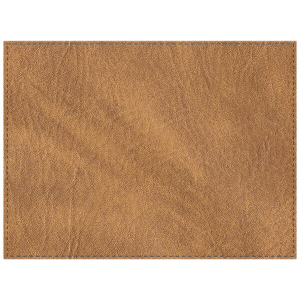 A brown premium sewn faux leather rectangle placemat with stitching.