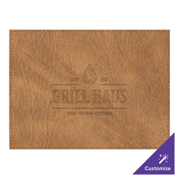 A brown leather rectangle placemat with the Harley Davidson logo.