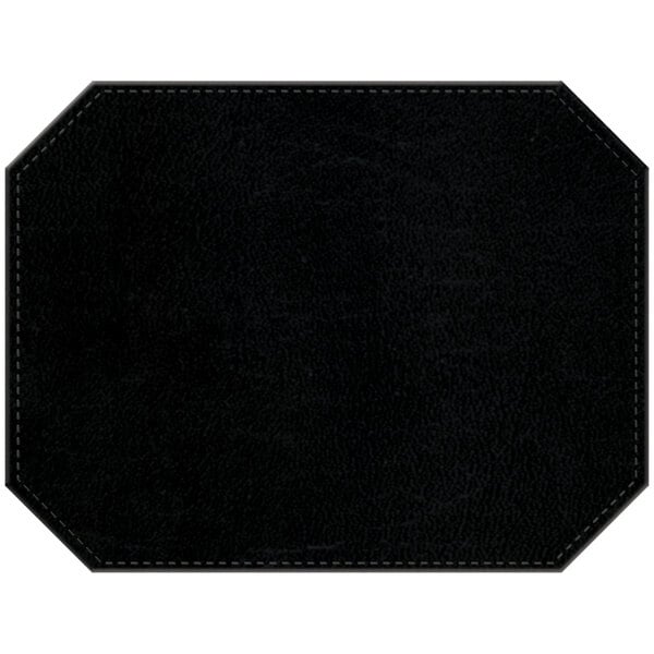 A black leather premium sewn octagon placemat with stitching.